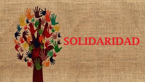 Árbol con manos de hojas y el texto solidaridad