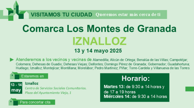 La Oficina de Atención a la ciudadanía se desplaza a la Comarca de los Montes, en Granada, este 13 y 14 de mayo La Oficina de Atención a la ciudadanía se desplaza a la Comarca de los Montes, en Granada, este 13 y 14 de mayo