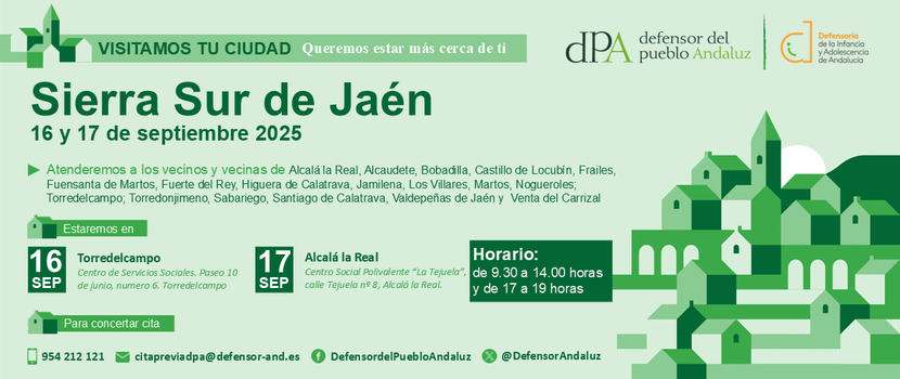 La Oficina de Información y Atención Ciudadana del Defensor del Pueblo andaluz se desplaza a la sierra sur de Jaén para la atención presencial a la ciudadanía