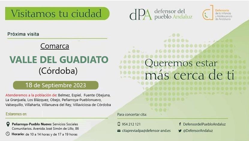 La Oficina de Información y Atención Ciudadana del Defensor del Pueblo andaluz se desplaza al Valle del Guadiato el 18 de septiembre para la atención presencial a la ciudadanía